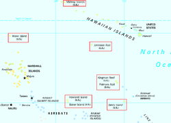 Locations of the United States Minor Outlying Islands in the Pacific Ocean; note that Navassa Island is not visible on this map.