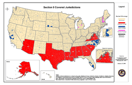 Map depicting states and counties encompassed by the Act's coverage formula in January 2008 (excluding bailed-out jurisdictions)