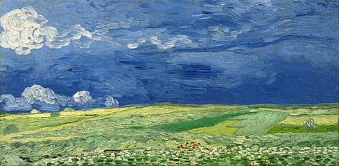  An expansive painting of a wheatfield, with green hills through the centre underneath dark and forbidding skies.