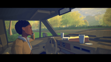 A view of Virginia's non-playable character Maria Halperin, sat in a car with a packed lunch arranged on the dashboard.