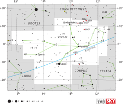 Diagram showing star positions and boundaries of the Virgo constellation and its surroundings