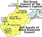 Map of West Virginia with counties showing the different Girl Scout Councils