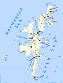 A map of Shetland. The main islands lie on a north south axis, with the Norwegian Sea to the north and west and the North Sea to the south and east.