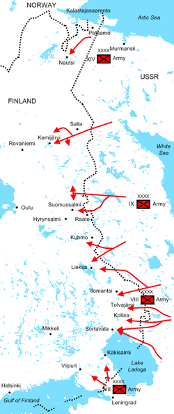 Diagram of Soviet assaults illustrating the positions of the Soviet armies and their offensive routes. The Red Army invaded dozens of kilometres deep Finland during the first month of the war.