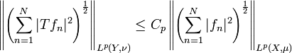  \left\|\left(\sum_{n=1}^{N}|Tf_n|^{2} \right)^{\frac{1}{2}}\right\|_{L^p(Y,\nu)}\leq C_p\left\|\left(\sum_{n=1}^{N}|f_{n}|^{2}\right)^{\frac{1}{2}}\right\|_{L^p(X,\mu)} 