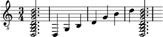  {
\clef "treble_8"
\time 3/4
<d, g, b, d g b d'>2.
<d, >4
<g, >4
<b, >4
<d >4
<g >4
<b >4
<d' >4
<d, g, b, d g b d'>2.
}
