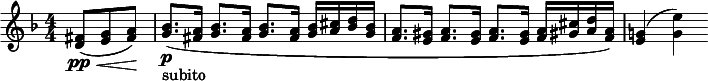 
  \relative c' { \clef treble \numericTimeSignature \time 4/4 \key d \minor \partial 8*3 <fis d>8(\pp\< <g e> <a fis>)\! | <bes g>8.\p_"subito"( <a fis>16 <bes g>8. <a fis>16 <bes g>8. <a fis>16 <bes g> <cis a> <d bes> <bes g> | <a f>8. <gis e>16 <a f>8. <gis e>16 <a f>8. <gis e>16 <a f> <cis gis!> <d a> <a f>) | <g! e>4( <e' g,>) }
