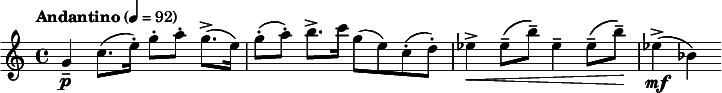  \relative c'' { \clef treble \time 4/4 \tempo "Andantino" 4=92 g4\p-- c8.( e16-.) g8-.[ a-.] g8.->( e16) | g8-.( a-.) b8.-> c16 g8( e) c-.( d-.) | ees4->\< ees8--( b'--) ees,4-- ees8--( b'--)\! | ees,4->\mf( bes) } 