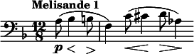  \relative c' { \clef bass \time 12/8 \key d \minor \tempo "Melisande 1" \partial 8*4 a8\p\<( bes4\! b8\> | f4\!) c'8(\< cis4\! d8\> aes4\!) } 