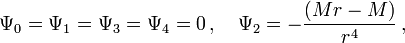 \Psi_0=\Psi_1=\Psi_3=\Psi_4=0\,,\quad \Psi_2=-\frac{(Mr-M)}{r^4}\,,