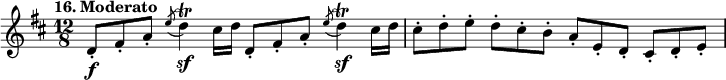 
%etude16
\relative d'
{  
\time 12/8
\tempo "16. Moderato"
\key d \major

d8-. \f fis-. a-. \acciaccatura {e'8} d4 \sf \trill cis16 d16
d,8-. fis-. a-. \acciaccatura {e'8} d4 \sf \trill  cis16 d16

cis8-. d-. e-. d-. cis-. b-. a-. e-. d-. cis-. d-. e-.

}

