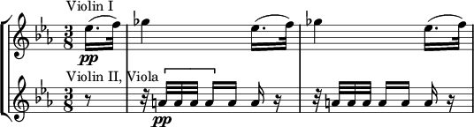 
\new StaffGroup <<
\new Staff \relative c'' {
\time 3/8
\key c \minor
\set Score.currentBarNumber = #75
\bar ""
\override TextScript #'X-offset = #-3
\partial 8 es16.(\pp^"Violin I" f32) |
\repeat unfold 2 { ges4 es16.( f32) | }
}
\new Staff \relative c'' {
\key c \minor
\override TextScript #'X-offset = #-3
r8^"Violin II, Viola" |
r32 \[ a[\pp a a] a16[ \] a] a r |
r32 a[ a a] a16[ a] a r |
}
>>
