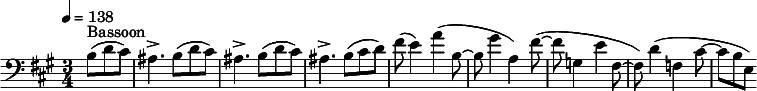 
  \relative c' { \clef bass \time 3/4 \key a \major \tempo 4 = 138 \partial 8*3 b8(^"Bassoon" d cis) | ais4.-> b8( d cis) | ais4.-> b8( d cis) | ais4.-> b8( cis d) | fis( e4) a4( b,8~ | b gis'4 a,) fis'8~( | fis g,4 e' fis,8~ | fis) d'4( f, cis'8~ cis[ b e,)] }
