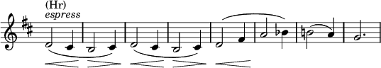 
\relative c' \new Staff \with { \remove "Time_signature_engraver" } {
 \key d \major \time 3/4
  d2^\markup { \italic espress } ^\markup (Hr) \<( cis4 b2\> cis4) d2\<( cis4 b2\> cis4) d2\<( fis4 a2\! bes4) b!2( a4) g2.
}
