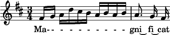 \relative c' { \clef treble \time 3/4 \key d \major \partial 8*5 fis16[ g] a[ d cis b] a[ b a b] | \autoBeamOff a8. g16 fis }  \addlyrics { Ma- - - - - - - - - - gni~ fi~ cat }