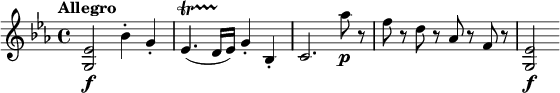 
\relative c' {
  \key es \major
  \tempo "Allegro"
 <g es'>2\f bes'4-. g-. es4.\startTrillSpan( d16\stopTrillSpan es) g4-. bes,-. c2. as''8\p r f r d r as r f r <g, es'>2\f
}
