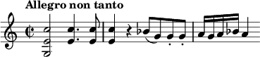 
\relative c'' {
  \key c \major
  \time 2/2
  \tempo "Allegro non tanto"
  <c e, g,>2 <c e,>4. <c e,>8 | <c e,>4 r bes8(g) g-. g-. | a16 g a bes a4
}
