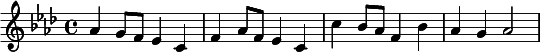  {\key aes \major aes'4 g'8 f'8 ees'4 c'4 f'4 aes'8 f'8 ees'4 c'4 c''4 bes'8 aes'8 f'4 bes'4 aes'4 g'4 aes'2}