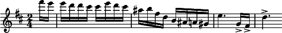 
  \relative c'' { \clef treble \key b \minor \time 2/4 \partial 16*2 fis'16 e e d d cis cis e d cis ais b fis d b ais a gis e'4. g,16-> fis-> d'4.-> }
