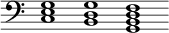 { \override Score.TimeSignature #'stencil = ##f \clef bass \cadenzaOn <c e g>1 <b, d g> <g, b, d f> }