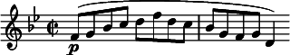  \relative c' { \clef treble \key bes \major \time 2/2 f8(\p g bes c d f d c | bes g f g d4) } 