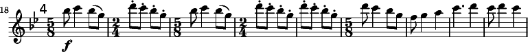 
\relative c''' \new Staff {
  \key bes \major \clef "treble"
  \set Staff.midiInstrument = "flute"
  \set Score.tempoHideNote = ##t \tempo 4 = 176
  \set Score.currentBarNumber = #18 \bar ""
  \mark \markup \sans 4

  \time 5/8 bes8\f c4 bes8( g) | \time 2/4 d'-. c-. bes-. g-. |
  \time 5/8 bes c4 bes8( g) | \time 2/4 d'-. c-. bes-. g-. | d'-. c-. bes-. g-. |
  \time 5/8 d' c4 bes8 g | f8 g4 a | c4. d4 | c8 d4 c |
}
