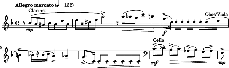 
  \relative c'' { \clef treble \time 4/4 \key d \minor \tempo "Allegro marcato" 4 = 132 r8 bes(^"Clarinet"\mp a gis bes a d a | e' a,-- cis-- e-- a2->) | r8 a(\< aes g c4--) a--\! | f8.->(\f c16) c8-. c-. c-. c-. c-. c16^"Oboe/Viola"( d | b4-> bes16)[ r bes( c] a4->) aes-- | g8.->( c,16) c8-.\> c-. c-. c-. c-. c-.\! | \clef bass c(->\mf^"Cello"[ des)] bes(\>->[ c)] aes->([ bes)] g(-.[ aes->)\!] | f\mp-> }
