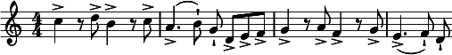  \relative c'' { \clef treble \numericTimeSignature \time 4/4 \key c \major c4-> r8 d-> b4-> r8 c-> | a4.->( b8-|) g-| d->[ e-> f->] | g4-> r8 a-> f4-> r8 g-> | e4.->( f8-|) d-| } 