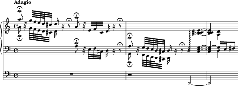 
\new Score <<
  \new PianoStaff <<
    \new Staff <<
      \new Voice \relative c''' {
        \set PianoStaff.connectArpeggios = ##t
        \override Score.NonMusicalPaperColumn #'line-break-permission = ##f
        \tempo Adagio
        \voiceOne
        a8 \fermata \mordent b,32 \rest g'64 f e d cis32 d16 b \rest b8 \rest \fermata
        a \fermata \mordent b32 \rest e, f cis d16 b' \rest b8 \rest \fermata |
        s2. \oneVoice <bes, cis e>4 ~ \arpeggio
        <bes cis e>4 d
      }
      \new Voice \relative c'' {
        \voiceTwo
        a8 \fermata \mordent s32 g64 f e d cis32 d16 s8. s2 |
        s1
        s4 a
      }
    >>
    \new Staff <<
      \new Voice \relative c' {
        \clef "bass"
        s2 a8 \fermata \mordent d,32 \rest e f cis d16 d \rest d8 \rest \fermata |
        \voiceOne
        a'8 \fermata \mordent d,32 \rest g64 f e d cis32 d16 d16 \rest d8 \rest \fermata d4 \rest <cis e g>4 ~ \arpeggio |
        <cis e g> ~ g'16 e fis8
      }
      \new Voice \relative c {
        \voiceTwo
        s1
        a8 \fermata \mordent s32 g64 f e d cis32 d16 s8. s2 |
        s4 d'4
      }
    >>
  >>
  \new Staff \relative c, {
    \clef "bass"
    R1 |
    r2  d ~ |
    d
  }
>>
