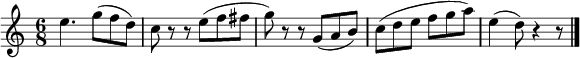 
\relative c'' {
  \time 6/8
  e4. g8( f d) |
  c8 r r e( f fis |
  g8) r r g,( a b) |
  c8( d e f g a) |
  e4( d8) r4 r8 | \bar "|."
}
