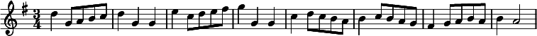 {\clef treble \key g \major \time 3/4 {d''4 g'8 a'8 b'8 c''8 d''4 g'4 g'4 e''4 c''8 d''8 e''8 fis''8 g''4 g'4 g'4 c''4 d''8 c''8 b'8 a'8 b'4 c''8 b'8 a'8 g'8 fis'4 g'8 a'8 b'8 a'8 b'4 a'2} }